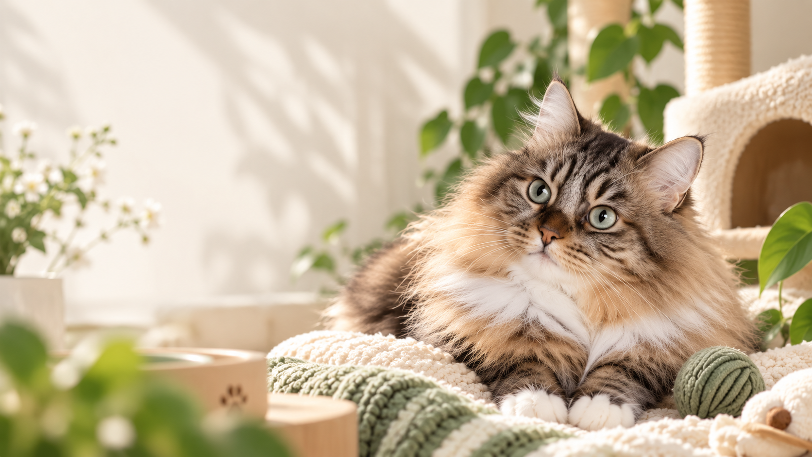 A long-haired tabby cat relaxing on a cream blanket beside sage-green pet toys